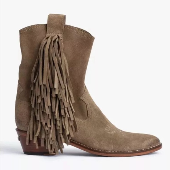 Zadig&Voltaire Pilar Suede Fringe Ankle Boots Taupe Leather $498 Sz 39 US 8/8.5 - Picture 1 of 13